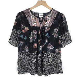 KNOX ROSE Sheer Blouse Baby Doll Top Floral Tassels Prairie Boho Lace Size Small
